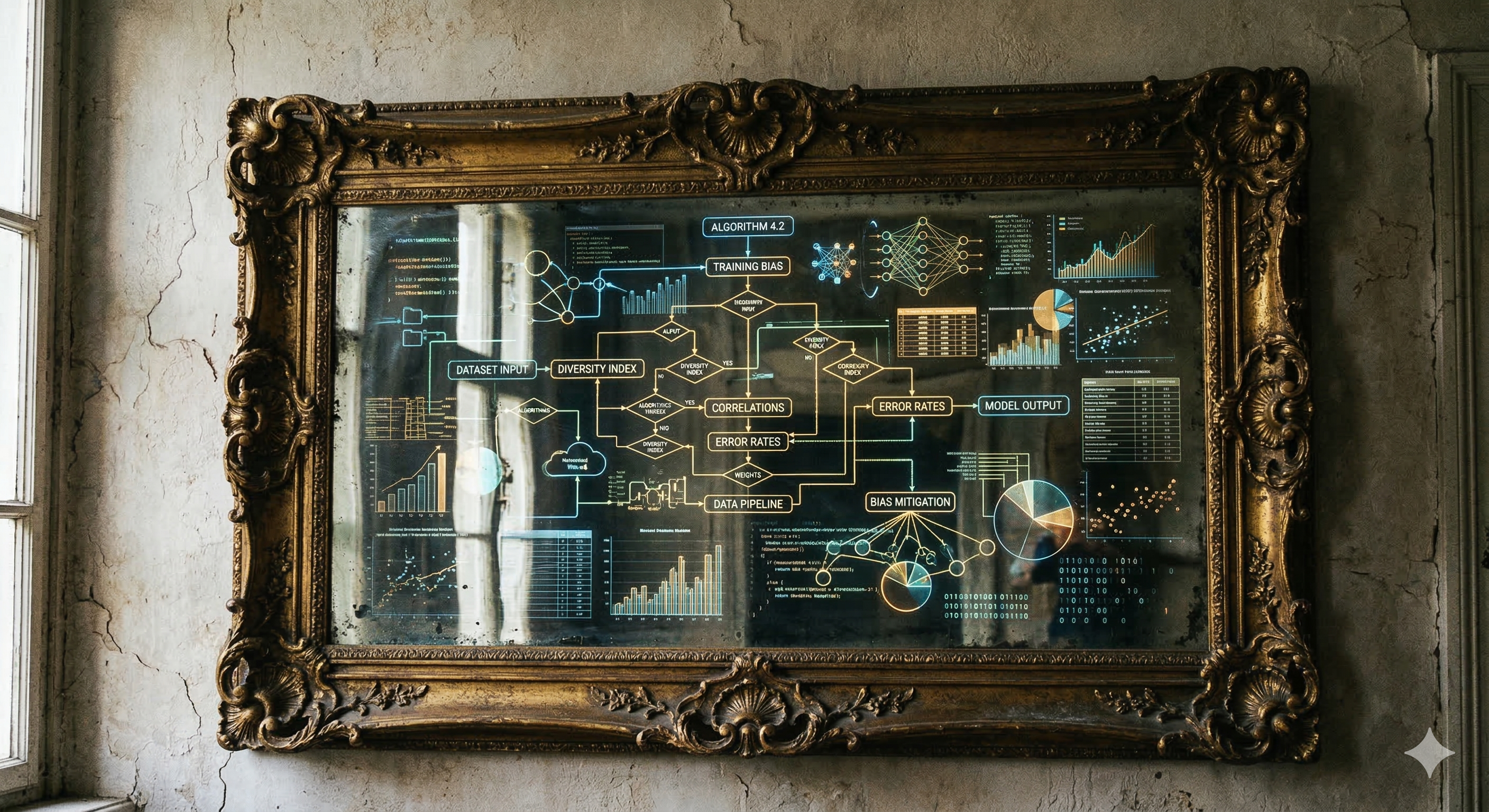 AI as a mirror: an ornate frame reflecting algorithm flowcharts and data visualisations, representing how AI reflects the patterns and biases in its training data